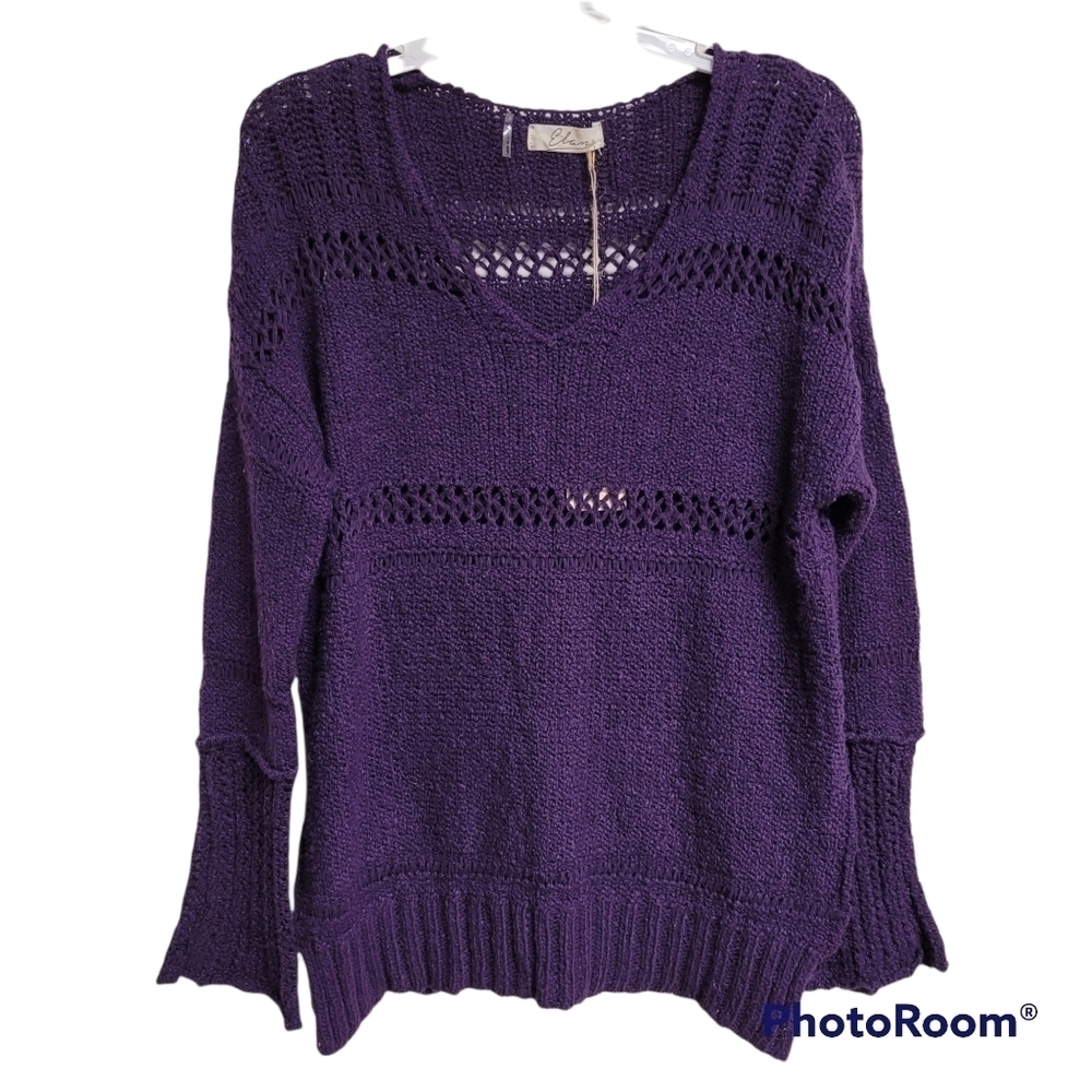 Elan Plum Purple Crochet Semi Open Knit V-Neck Sweater Side Slits Size Small NWT